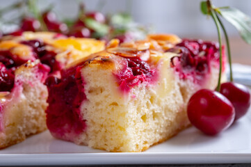 Fresh baked cake with red ripe juicy sour cherry or kriek berry