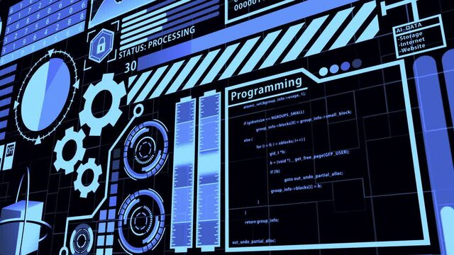 Futuristic detailed AI HUD including Digital Brain, Cloud computing, Database, Coding, and many digital elements in Blue Color with Abstract Background (camera panning)