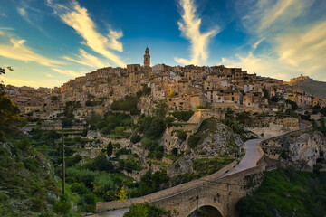 Aerial view of the town of Bocairent, Spain.Photo at sunset.