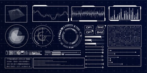 HUD futuristic interface. Hitech display with infographic elements. Dashboard with chart, diagram, line, graphic and data.