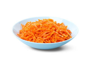 Plate with tasty carrot salad isolated on white background