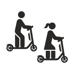 Friends riding an electric scooter icon. E-scooter. Kick scooter. Vector icon isolated on white background.