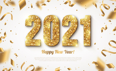 Happy New Year Banner with Gold 2021 Numbers on Bright Background with Flying Confetti and Streamers. Vector illustration