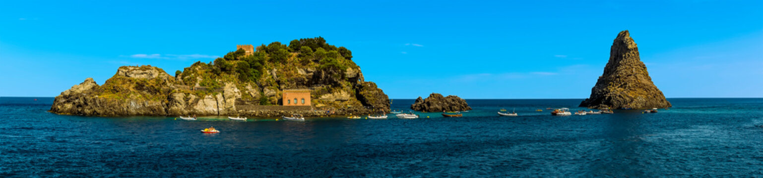 A panorama view of Isole dei Ciclopi, Sicily in summer