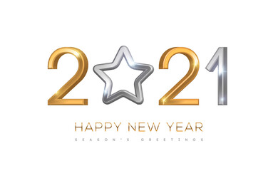 2021 silver and gold numbers with star hanging on white background. Vector illustration. Minimal invitation design for Christmas and New Year.
