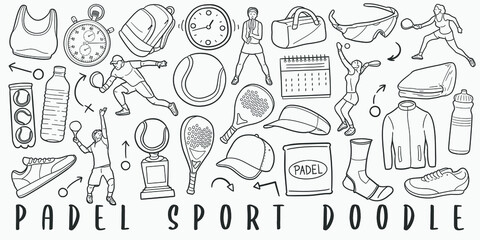 Padel and Tennis Sports Doodle Line Art Illustration. Hand Drawn Vector Clip Art. Banner Set Logos.