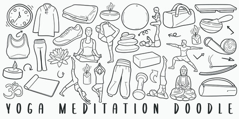 Yoga and Meditation Doodle Line Art Illustration. Hand Drawn Vector Clip Art. Banner Set Logos.