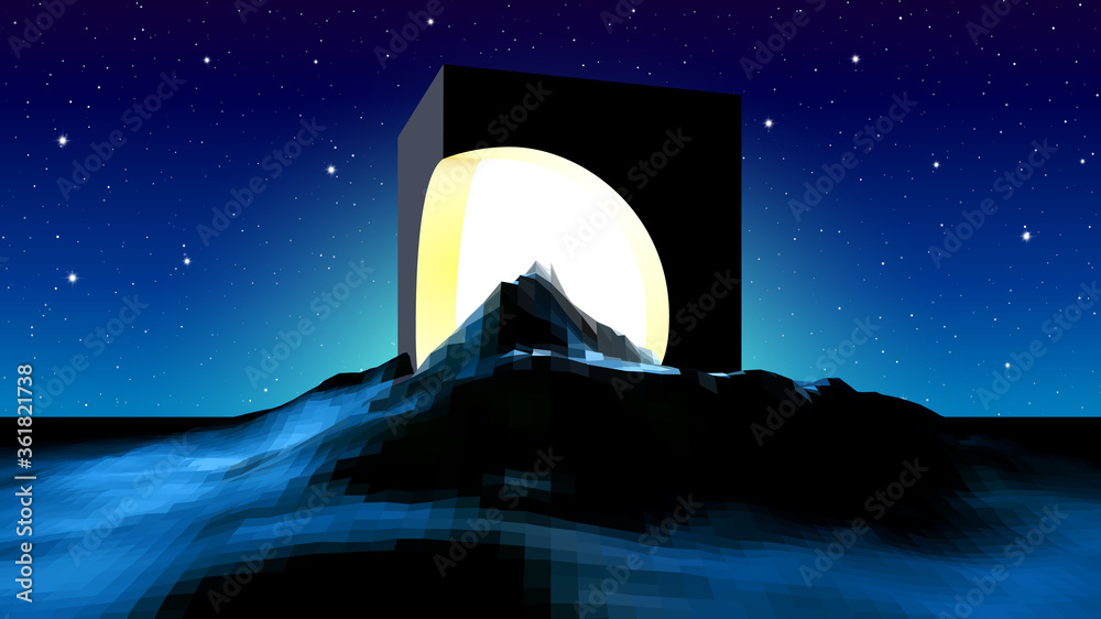 Poster Abstract alien landscape with mysterious ruins of cube building and shiny light inside. Science fiction space landscape in 80s style