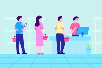 several people who use masks are queue to shop at supermarkets and do social distancing