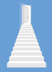 White stairs and open door isolated. Steps up to the shining entry. Concept of success, achievement, stairway to heaven. Symbol of motivation, development. Flat vector illustration