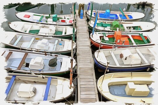 San-Sebastian. Boats. Imitation of oil painting. Illustration
