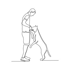 Continuous line drawing of happy man playing with dog pet. Vector illustration