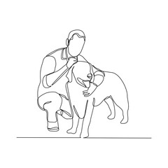 Continuous line drawing of happy man playing with dog pet. Vector illustration
