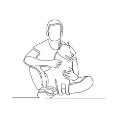 Continuous line drawing of happy man playing with dog pet. Vector illustration