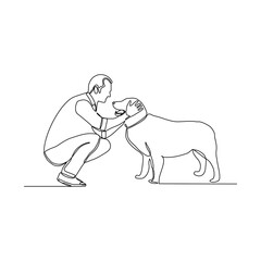 Continuous line drawing of happy man playing with dog pet. Vector illustration