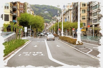 Obraz premium San-Sebastian. The cultural capital of Europe. Imitation of oil painting. Illustration