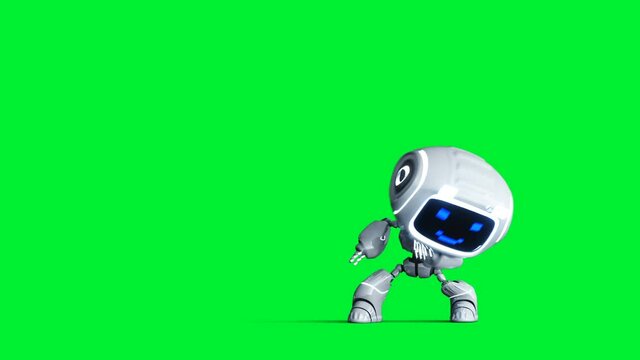 White smiling toy robot animation. Phisical motion blur. Realistic green screen 4k animation. Green screen