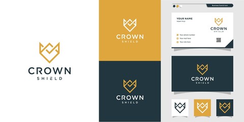 Crown and shield with line art logo and business card design, crown, king, company, shield, icon, business card, Premium Vector