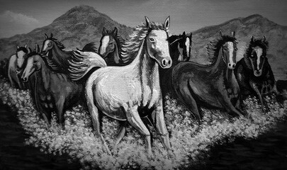 Obraz premium hand painted impressionism masterpieces contemporary art painter painting oil color animal running horse lucky background from thailand black and white pony equine steed gee-gee pegasus gallop