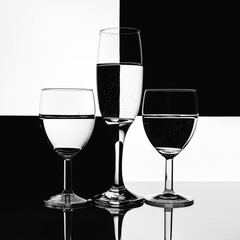 Wine glasses on black and white background.