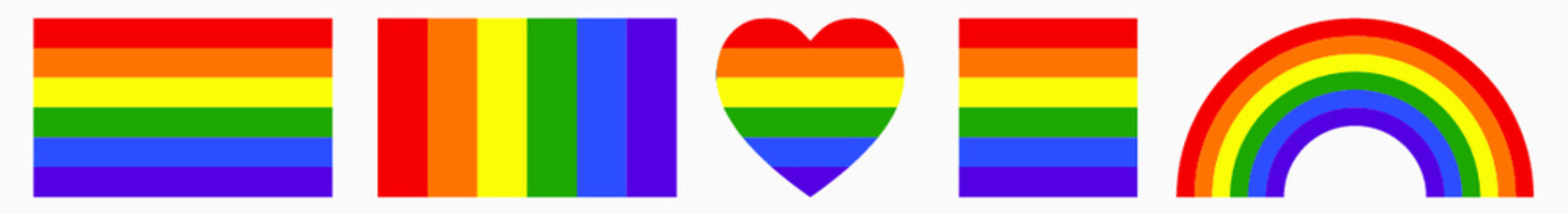 Gay Pride Rainbow Flag Vector illustration. Heart, circle, squared and rectangular shaped icons, background, banner or wallpaper. Standard colorful stripes in horizontal and vertical variant.