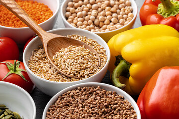 Healthy eating. Vegetables and cereals on table