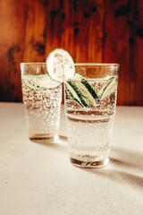 A slinging drink with cucumbers. A cool, refreshing drink on nature on a hot day