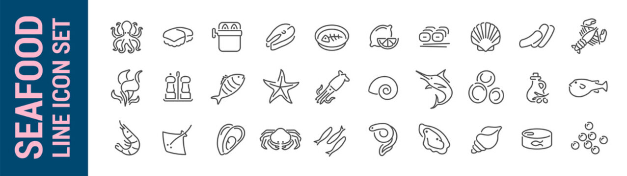 Seafood line icon set. Outline isolated icons collection. Fish, crustaceans & mollusks. Vector illustration