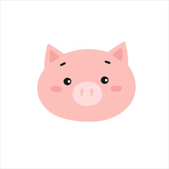 Flat Vector illustration of a cute pig' s face. Isolated on white background. Farm funny animal. Cartoon style. Piglet's head. For design, web, graphic. Livestock. 