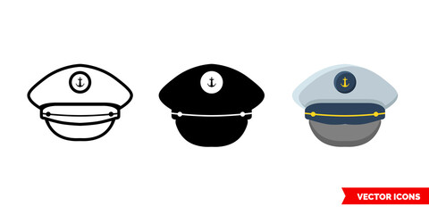 Captain cap icon of 3 types. Isolated vector sign symbol.