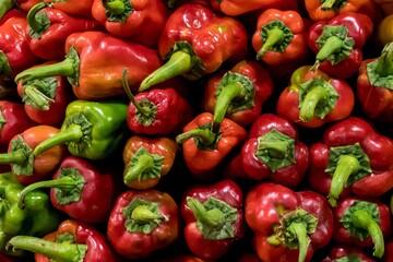 Red peppers lined up on a sales counter in an Ecuadorian market