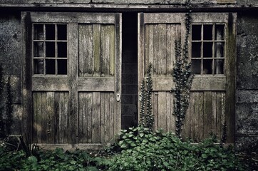 Old wooden doors overgrown with ivy leading through to a bricked up doorway in an old abandoned building