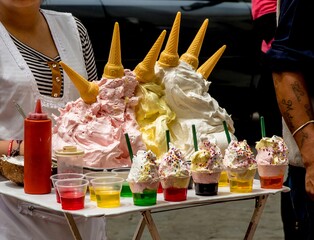 Homemade ice cream and syrup cups are on sale on a stand in a square in front of a church in Cuenca,