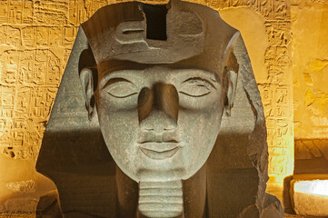 Fototapeta na wymiar Statue of Ramses II head at entrance to Luxor Temple during night