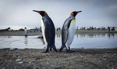 Two king penguins standing back to back with water, seals and lots more penguins in the background