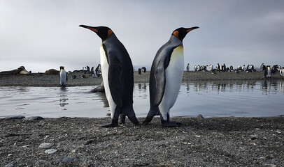 Fototapeta premium Two king penguins standing back to back with water, seals and lots more penguins in the background