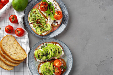 Toasted avocado sandwich for breakfast, top view