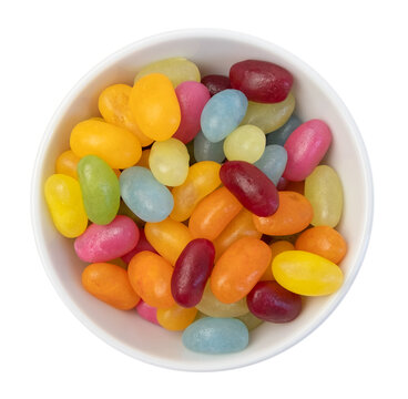 Colorful Jelly Beans Candy In White Bowl, Isolated On White. Top Down From Above.