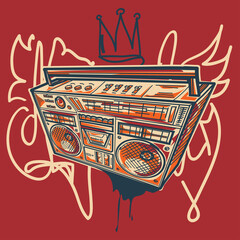Funky colorful boom box on graffiti background © alex_bond
