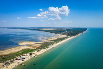 drone view to sea coast in summer day with copy space