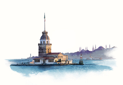 Maiden tower at dawn in Istanbul, Turkey. Quick watercolor sketch by hand