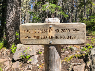 A trail sign directs hikers and backpackers along the Pacific Crest Trail, stretching 2,650 miles between Canada and Mexico.