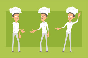 Cartoon flat funny chef cook man character in white uniform and baker hat. Man shaking hands and showing hello gesture. Ready for animation. Isolated on green background. Vector icon set.