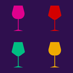 Vector seamless pattern. Repetitive illustration of multi-colored wine glasses isolated on purple background. Wine glasses silhouettes.