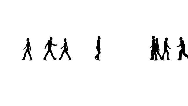 Silhouettes of people walking on white. People Business lifestyle concept. 4k