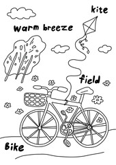 Summer bike ride. Recreation. Bicycle with a basket. Field road. Walk. Vector cartoon. Contour line illustration.