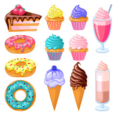  set of  sweet food. Donut, ice cream, muffins, smoothies. Vector illustration