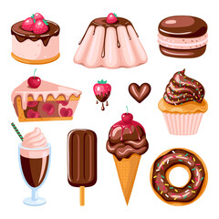 set of chocolate sweet food. Donut, ice cream, muffins, smoothies, macaroons and candies. Vector illustration