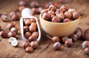 On a wooden table hazelnuts
