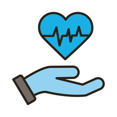 hand with medical heart cardiology pulse line and fill style icon